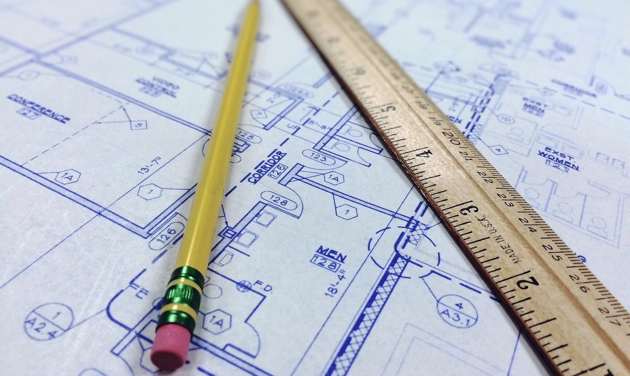 blueprint with pencil and ruler
